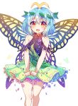  1girl :d absurdres antennae bangs bare_shoulders blue_flower blue_hair blush brown_eyes butterfly_wings caramell0501 commentary dress eternity_larva eyebrows_visible_through_hair feet_out_of_frame flower green_dress hair_between_eyes hair_ornament highres leaf_hair_ornament looking_at_viewer open_mouth purple_flower simple_background smile solo symbol_commentary touhou white_background wings 
