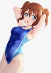  1girl absurdres arms_behind_head blue_eyes blue_swimsuit breasts brown_hair collarbone competition_swimsuit cowboy_shot highres konoe_haruka looking_at_viewer love_live! love_live!_nijigasaki_high_school_idol_club medium_breasts oku_1225 one-piece_swimsuit open_mouth short_hair simple_background solo swimsuit wet wet_clothes wet_swimsuit white_background 