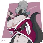  alcohol anthro asian_clothing beverage big_breasts big_tail black_body black_skin bottle breasts cleavage clothed clothing dialogue east_asian_clothing english_text female forked_tongue grey_hair hair hair_over_eye hi_res holding_bottle holding_object huge_breasts japanese_clothing jwinkz kimono long_tongue looking_at_viewer non-mammal_breasts one_eye_obstructed ponytail pouring pupils reptile sake scales scalie simple_background slit_pupils snake solo standing text tongue underwear unknown_character watermark wet 