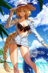  1girl adamosina beach bikini black_bikini black_hairband blonde_hair breasts fate/grand_order fate_(series) front-tie_bikini front-tie_top hairband highres hood hooded_jacket innertube jacket jeanne_d&#039;arc_(fate)_(all) jeanne_d&#039;arc_(swimsuit_archer)_(fate) long_hair looking_at_viewer medium_breasts navel outdoors ponytail smile standing swimsuit unzipped very_long_hair 