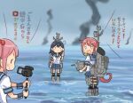  3girls adapted_turret akebono_(kancolle) black_hair blue_sailor_collar blue_skirt camcorder cannon cloud commentary_request full_body grey_sky hair_bobbles hair_ornament kantai_collection long_hair machinery multiple_girls otoufu outdoors pleated_skirt purple_hair sailor_collar sazanami_(kancolle) school_uniform serafuku short_hair side_ponytail skirt smoke smokestack standing standing_on_liquid translation_request turret twintails ushio_(kancolle) wrist_cuffs 