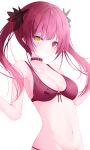  1girl bangs bare_shoulders bikini blush breasts cleavage collarbone commentary_request heterochromia highres hololive houshou_marine looking_at_viewer medium_breasts navel red_bikini red_eyes red_hair solo stomach swimsuit twintails upper_body virtual_youtuber white_background yellow_eyes yuzuno_kaori 