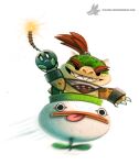  2015 anthro black_eyes bomb bowser_jr. brown_hair claws cryptid-creations dot_eyes duo explosives fangs flying fuse green_body green_scales grin hair koopa lit_fuse looking_at_viewer male mario_bros nintendo scales scalie scared simple_background smile tan_body tan_scales teeth text tongue tongue_out url video_games white_background white_eyes 