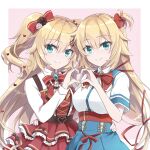  2girls akai_haato aqua_eyes bangs blonde_hair bow bowtie breasts collared_shirt commentary dual_persona hair_bow hair_ornament hand_on_another&#039;s_hip heart heart-shaped_pupils heart_hair_ornament heart_hands heart_hands_duo highres hololive large_breasts long_hair looking_at_viewer multiple_girls official_alternate_costume pink_background ribbon shirt simple_background smile symbol-shaped_pupils tm-pika upper_body virtual_youtuber 