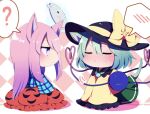  ? all_fours animal_ears aqua_shirt bow bubble_skirt cat_ears cat_tail checkered checkered_background chibi closed_eyes eyebrows_visible_through_hair from_side full_body green_hair half-closed_eyes hat hat_bow hata_no_kokoro heart heart_of_string highres kiss_day komeiji_koishi long_hair long_sleeves mask pink_eyes pink_hair plaid plaid_shirt red_skirt shirt short_hair sitting skirt spoken_blush spoken_question_mark tail third_eye touhou white_background wide_sleeves yellow_bow you_(noanoamoemoe) 
