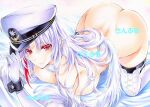  1girl all_fours ass azur_lane boots breasts cross-laced_footwear elbow_gloves from_above gloves hat large_breasts long_hair looking_at_viewer nude peaked_cap purple_eyes red_hair solo tallinn_(azur_lane) thigh_boots thighhighs traditional_media white_gloves white_hair white_headwear yqgkg 