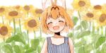  1girl alternate_costume animal_ears bare_shoulders blonde_hair blush closed_eyes commentary_request extra_ears flower headshot kemono_friends korean_commentary open_mouth san_sami serval_(kemono_friends) serval_ears serval_girl short_hair sleeveless smile solo sunflower 