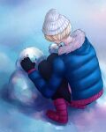  1girl alina_golding_(style_savvy) blonde_hair boots etrosgate from_behind fur_collar fur_trim girls_mode_4 highres holding_snowball jacket knit_hat nintendo pixie_cut puffer_jacket short_hair snow snowball snowman solo solo_focus squatting style_savvy_(video_game_series) winter_clothes 