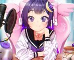  agnamore blush bow close fang long_hair microphone original purple_eyes purple_hair school_uniform 