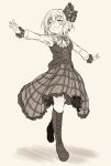  1girl :d alternate_costume bangs boots bow bowtie cross-laced_footwear erechan full_body greyscale hair_ribbon highres knee_boots long_sleeves looking_at_viewer monochrome open_mouth outstretched_arms plaid plaid_ribbon plaid_skirt ribbon rumia shirt short_hair simple_background skirt smile solo spread_arms standing standing_on_one_leg touhou 
