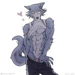  &lt;3 1:1 anthro beastars bottomwear canid canine canis clothed clothing genitals hi_res legoshi_(beastars) looking_at_viewer male mammal one_eye_closed pants penis penis_base raised_clothing raised_topwear shirt simple_background solo tank_top topwear white_background wink wolf yuzuki_fang111 
