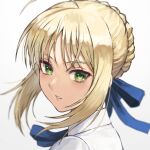  1girl ahoge artoria_pendragon_(all) bangs blonde_hair blue_ribbon blurry braid depth_of_field eyebrows_visible_through_hair fagi_(kakikaki) fate/stay_night fate_(series) green_eyes hair_ribbon looking_at_viewer parted_lips ribbon saber shiny shiny_hair shirt short_hair simple_background solo white_background white_shirt 