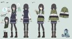  1girl aqua_fur black_hair black_legwear blazer blue_jacket blue_skirt boots braid character_sheet commentary cross-laced_footwear full_body glasses green_background green_eyes green_jacket green_neckwear hanakuma_chifuyu hand_up hat jacket knee_boots kneehighs lace-up_boots logo medium_hair miniskirt necktie official_art pantyhose patches pleated_skirt school_uniform side_braids skirt solo standing striped_jacket stuffed_animal stuffed_toy synthesizer_v teddy_bear teshima_nari twin_braids watanabe_hiroaki 