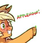  1:1 2021 alpha_channel applejack_(mlp) blonde_hair blush clothing cold-blooded-twilight cowboy_hat digital_media_(artwork) earth_pony english_text equid equine female feral freckles friendship_is_magic fur green_eyes grin hair hasbro hat headgear headwear hooves horse mammal my_little_pony outstretched_leg pony side_view simple_background smile solo sparkles tan_body tan_fur teeth text 
