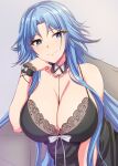  1girl azur_lane bangs between_breasts black_camisole blue_eyes blush breasts camisole cleavage closed_mouth commentary detached_collar eyebrows_visible_through_hair eyelashes garukichi grey_background hand_on_own_chin head_rest highres huge_breasts lace_trim light_blue_hair long_hair looking_at_viewer official_alternate_costume parted_bangs simple_background smile solo sovetskaya_belorussiya_(azur_lane) sovetskaya_belorussiya_(relaxation_stratagem)_(azur_lane) spaghetti_strap upper_body wrist_cuffs 