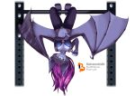  anthro bar behemoth89 bow bra breasts chiropteran clothing female hair holding_breast holding_strap looking_at_viewer mammal purple_hair solo solo_focus text underwear upside_down url wings 