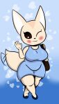  aggressive_retsuko anthro blush blush_stickers canid canine clothing dress female fennec fenneko fox gesture hi_res looking_at_viewer mammal one_eye_closed purse sanrio solo someth1ngoranother tailwag thick_thighs waving wide_hips wink 