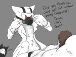  2021 4:3 absurd_res anthro biped black_body black_fur brown_hair canid canine canis changed_(video_game) clothing coat dialogue digital_media_(artwork) dr._k_(changed) english_text fur gas_mask grey_background group guu_monster hair hi_res human lab_coat lin_(changed) mammal mask meme puro_(changed) red_eyes simple_background text think_mark_think! topwear trio white_body white_clothing white_fur wolf 