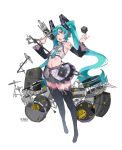  1girl absurdres aqua_eyes aqua_hair aqua_neckwear bare_shoulders black_legwear black_sleeves commentary crop_top cymbals detached_sleeves drum drum_set floating full_body grey_shirt hair_ornament hands_up hatsune_miku headphones highres holding holding_microphone instrument liren44 long_hair microphone microphone_stand midriff miniskirt navel necktie open_mouth pleated_skirt see-through shirt shoulder_tattoo skirt solo speaker standing tattoo thick_eyebrows thighhighs twintails very_long_hair vocaloid white_background zettai_ryouiki 