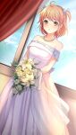  1girl ahoge bangs blue_sky blush bouquet bow closed_mouth cloud collarbone curtains doukyuusei_another_world dress dutch_angle eyebrows_visible_through_hair flower game_cg grey_bow hair_bow holding holding_bouquet indoors jewelry long_dress looking_at_viewer necklace off-shoulder_dress off_shoulder official_art orange_eyes orange_hair sendou_chika shiny shiny_hair short_hair sky solo standing strapless strapless_dress two_side_up wedding_dress white_dress white_flower 