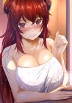  1girl bare_shoulders blush breasts cleavage collarbone commentary dola_(nijisanji) dragon_girl fumihiko_(fu_mihi_ko) glass highres horns large_breasts light_smile long_hair looking_at_viewer nijisanji red_eyes red_hair smile solo towel virtual_youtuber wet 