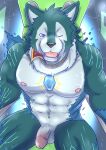  abs anthro balls breke canid canine canis collar cybernetics cyborg genitals ilan1985 machine male mammal muscular muscular_anthro muscular_male navel nipples nude pecs penis solo tokyo_afterschool_summoners tron_lines video_games wolf 