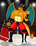  anthro boots chair charizard clothed clothing crowd featureless_chest fighting_ring fire fist footwear furniture group hi_res holding_object knee_pads male mask muscular muscular_anthro muscular_male nintendo orange_body pok&eacute;mon pok&eacute;mon_(species) smile smirk solo solo_focus topless video_games vjmorales wings wrestler 