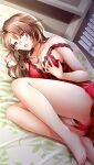  1girl bangs barefoot breasts brown_eyes brown_hair cleavage collarbone doukyuusei doukyuusei_another_world dress eyebrows_visible_through_hair fetal_position game_cg glasses hair_between_eyes hair_down large_breasts long_hair lying masturbation masturbation_through_clothing off_shoulder official_art on_side open_mouth over-rim_eyewear panties red_dress red_panties semi-rimless_eyewear serizawa_yoshiko shiny shiny_hair short_dress sideboob sleeveless sleeveless_dress solo underwear white-framed_eyewear 