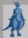  absurd_res anthro blue_body blue_skin breasts female genitals green_eyes hi_res kobold pussy simple_background small_breasts solo wide_hips zerperay 