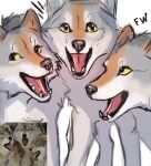  2021 canid canine canis digital_media_(artwork) flashlioness mammal open_mouth smile teeth tongue trio wolf yellow_eyes 