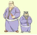  2015 absurd_res andikapatok anthro canid canine clothing eyewear facial_hair fur ghibli glasses grey_body grey_fur hi_res human kemono male mammal mustache overweight overweight_male pom_poko raccoon_dog robe simple_background solo tanuki 
