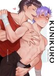  2boys adam&#039;s_apple asymmetrical_bangs bandages bangs black_eyes black_hair black_pants blush briefs collarbone cowboy_shot dotsuco grimace groping hair_intakes hand_on_another&#039;s_chest highres light_purple_eyes light_purple_hair male_focus male_underwear multiple_boys navel nipples open_fly original pants pectorals pompadour red_shirt shirt shirtless short_hair short_sleeves smile sweat teeth thick_eyebrows toned toned_male tsurime underwear yaoi 