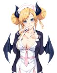  1girl bangs bat_tattoo black_jacket blonde_hair blue_eyes blush breast_tattoo breasts cleavage closed_mouth collarbone commentary demon_horns demon_wings double_bun eyebrows_visible_through_hair finger_to_mouth grin hand_on_own_chest hat head_tilt hololive horns index_finger_raised jacket ky_kosuke large_breasts long_sleeves looking_at_viewer medium_hair necktie nurse_cap official_alternate_costume open_clothes open_jacket parted_bangs pink_neckwear pointy_ears shirt simple_background smile solo tattoo upper_body virtual_youtuber white_background white_headwear white_shirt wings yuzuki_choco 