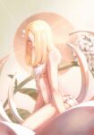  1girl bare_shoulders blonde_hair blush bow flower frills gold_trim hair_flower hair_ornament hair_over_one_eye highres long_hair looking_at_viewer original plant see-through solo textless underwear vines white_flower yellow_eyes zeniyan 