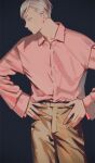  1boy alternate_costume black_background brown_pants buttons collared_shirt cowboy_shot dress_shirt eyebrows eyelashes green_eyes grey_hair haiba_lev haikyuu!! hands_on_hips long_sleeves looking_to_the_side male_focus pants pink_shirt shirt short_hair simple_background solo standing yuu_chitose 