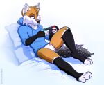  abstract_background absurd_res anthro bed black-backed_jackal black_body black_fur blue_body blue_eyes blue_fur bottomless bottomless_male canid canine canis clothed clothing digital_media_(artwork) fur furniture genitals grey_body grey_fur hair hi_res hoodie jackal jf-049 lying lying_on_bed male mammal multicolored_body multicolored_fur nintendo nintendo_switch on_back on_bed paws pillow selix simple_background smile solo tan_body tan_fur topwear tuft video_games white_body white_fur 