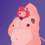  1:1 anthro armpit_fetish armpit_hair belly big_belly body_hair felid fur hair hi_res lion looking_at_viewer male mammal musk overweight overweight_anthro overweight_male pantherine pink_body pink_fur pink_hair rion_(rionmaro) rionmaro smile smirk solo 