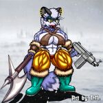  1:1 abs anthro arctic_fox axe biceps big_breasts blue_body blue_fur boots bottomwear breasts canid canine clothing countershade_face countershade_torso countershading ear_piercing fan_character fangs female footwear fox fur green_boots green_clothing green_footwear gun hair inner_ear_fluff looking_at_viewer mammal melee_weapon multicolored_body multicolored_fur muscular muscular_anthro muscular_female olga_the_arctic_fox pants piercing ranged_weapon sharp_teeth smile snow solo t.n. tattoo teeth tuft tundra two_tone_body two_tone_fur weapon white_body white_fur white_hair yellow_bottomwear yellow_clothing yellow_eyes yellow_pants 