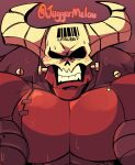  abs angry biceps black_eyes blush bodily_fluids demon helltaker hi_res horn humanoid juggermelon male muscular muscular_humanoid muscular_male pecs red_body solo subject_67 sweat teeth 
