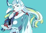  1boy aqua_background aqua_eyes aqua_horns aqua_skin covered_mouth dated floating_hair hand_up horns long_hair long_sleeves looking_at_viewer pointy_ears rope simple_background solo the_legend_of_luo_xiaohei twitter_username vox xuhuai_(the_legend_of_luoxiaohei) 