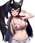  1girl :d absurdres animal_ear_fluff animal_ears arm_behind_back arm_up bangs bikini black_choker black_hair black_jacket blush breasts brown_eyes choker claw_pose cleavage collarbone commentary_request eyebrows_visible_through_hair fingernails front-tie_bikini front-tie_top grey_pants groin hair_ornament hairclip head_tilt highlights highres hololive jacket kachikachipiroo large_breasts leaf_print long_hair looking_at_viewer maple_leaf_print multicolored_hair navel ookami_mio open_clothes open_jacket open_mouth pants ponytail red_hair red_jacket side-tie_bikini sidelocks simple_background smile solo stomach strap_gap string_bikini sweat swimsuit upper_teeth very_long_hair virtual_youtuber white_background white_bikini wolf_ears wolf_girl 