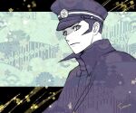  1boy black_cape black_hair black_headwear cape commentary_request devil_summoner hat kuzunoha_raidou looking_at_viewer male_focus patterned_background peaked_cap shin_megami_tensei sideburns signature solo tombsakura upper_body 