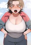  1girl angry black_hair blue_sky breasts brown_eyes cleavage coach commentary_request dotsuco fang gym_teacher hands_on_hips jacket large_breasts leaning_forward looking_at_viewer mature_female open_clothes open_jacket open_mouth original pants short_hair sky tank_top track_jacket track_pants white_tank_top 