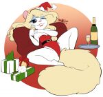  akaunkel alcohol animaniacs anthro beverage champagne champagne_glass christmas christmas_clothing christmas_headwear clothing female gift hat headgear headwear hi_res holidays leaning leaning_back looking_at_viewer mammal minerva_mink mink mustelid musteline one_eye_closed pillow santa_hat sitting solo spread_legs spreading true_musteline warner_brothers wink 