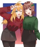  2girls ;d ahoge amami_haruka black_skirt blonde_hair border bow brown_eyes brown_hair commentary gradient gradient_background green_bow green_eyes green_sweater hair_bow highres hoshii_miki idolmaster idolmaster_(classic) long_hair long_sleeves looking_at_viewer matching_outfit miniskirt multicolored multicolored_background multiple_girls nail_polish one_eye_closed open_mouth outside_border pantyhose pose red_nails red_sweater short_hair side-by-side skirt smile standing sweater v white_border zono_(inokura_syuzo029) 