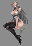  1girl 2019 armlet black_footwear boots breasts circlet cleavage crossed_ankles dress elf english_commentary full_body grey_background high_heel_boots high_heels highleg highleg_dress highres iliana_(unsomnus) invisible_chair ippus large_breasts lips long_hair long_legs looking_at_viewer no_panties nose original plunging_neckline pointy_ears signature sitting solo straight_hair thick_thighs thigh_boots thighhighs thighs white_dress yellow_eyes 
