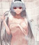  1girl bangs breasts commission girls_frontline hairband highres long_hair medium_breasts navel nipples nude red_eyes saturndxy scar shower_(place) shower_head showering silver_hair skeb_commission solo steam thunder_(girls_frontline) very_long_hair 