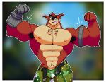 abs activision anthro armpit_hair bandicoot biceps body_hair bottomwear chest_hair clothed clothing crash_bandicoot_(series) crunch_bandicoot flexing male mammal marsupial mechanical_arm muscular muscular_anthro muscular_male nipples pants pants_down partially_clothed pecs pubes red_body smile smirk solo teeth video_games virdemis 