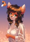  anthro behemoth89 brown_hair canid canine clothing female fox green_eyes hair hi_res looking_at_viewer mammal shirt solo solo_focus topwear wet wet_clothing wet_shirt wet_topwear 