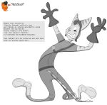  2021 4_fingers anthro arm_markings blush clothing ear_markings english_text eyebrows facial_markings fingers flattened gloves handwear hat head_markings headgear headwear hi_res kanada lombax looking_back male mammal markings monochrome ratchet ratchet_and_clank shocked simple_background solo sony_corporation sony_interactive_entertainment suit tail_markings text transformation url video_games white_background 